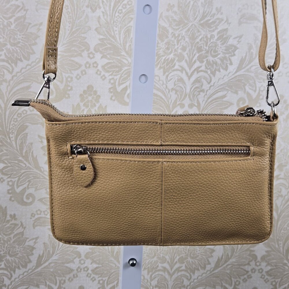 Befen Khaki Tan Pebbled Cowhide Leather Crossbody Bag Adj Removable Strap